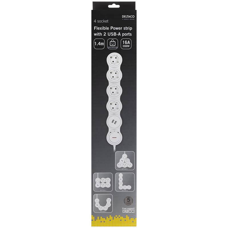 Deltaco böjbar grenuttag, 4 kontakter, 2x USB-A, 16A 3500W, 1.4m