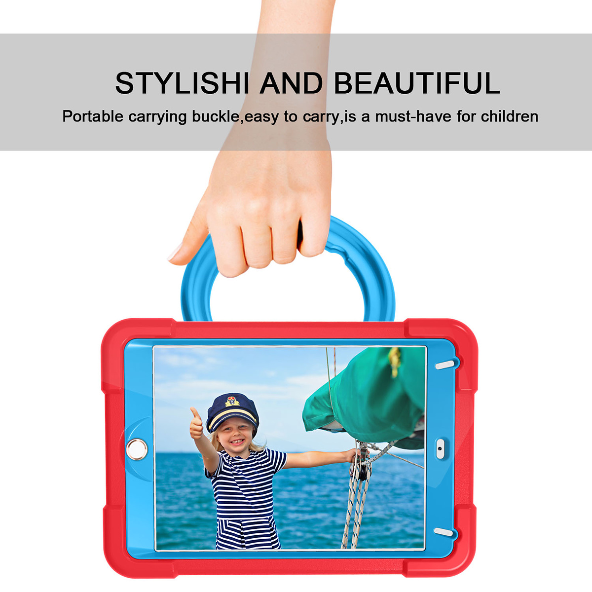 Barnfodral med roterbart ställ, iPad Mini 4/5, röd/blå