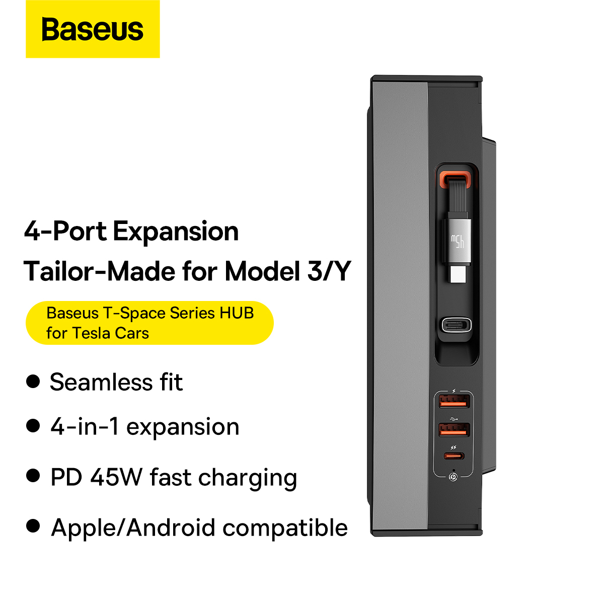 Baseus T-Space USB-hubb för Tesla modell 3/Y, 45W