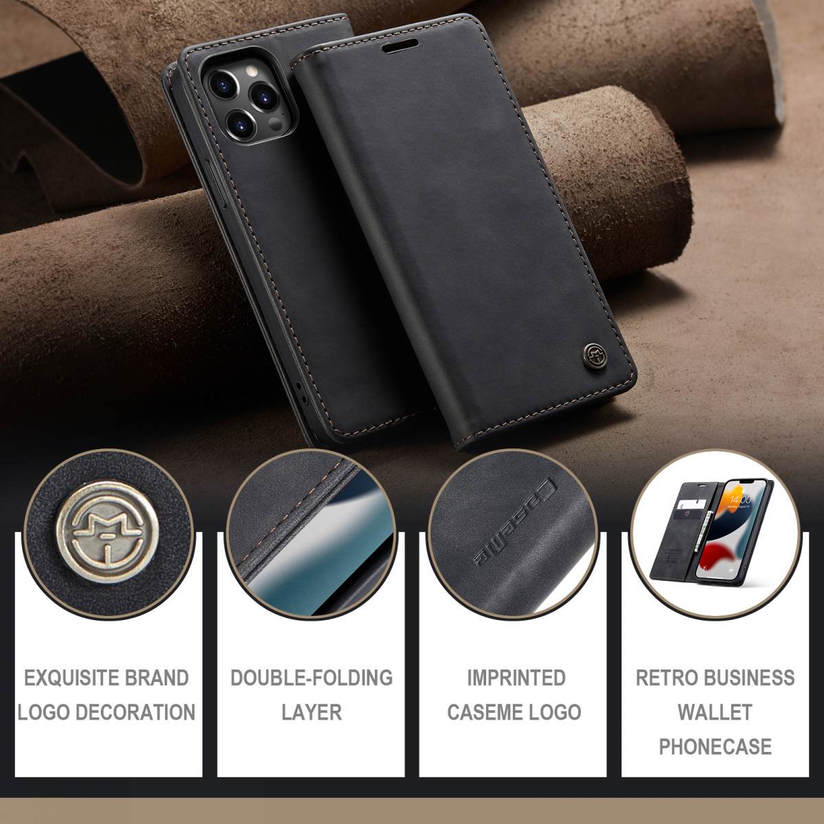 CaseMe 013 Series läderfodral till iPhone 13, svart