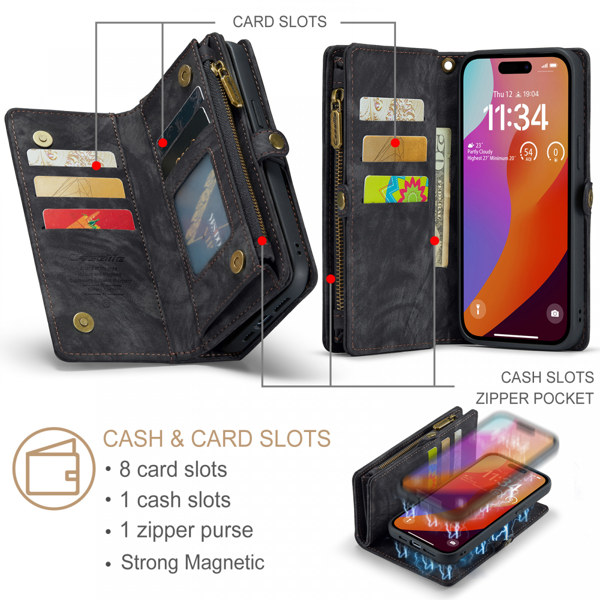 CaseMe plånboksfodral med magnetskal, iPhone 15 Pro, svart