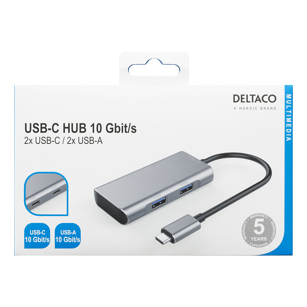 Deltaco USB-C 3.1 Gen 2 hubb, 2xUSB-C, 2xUSB-A, grå