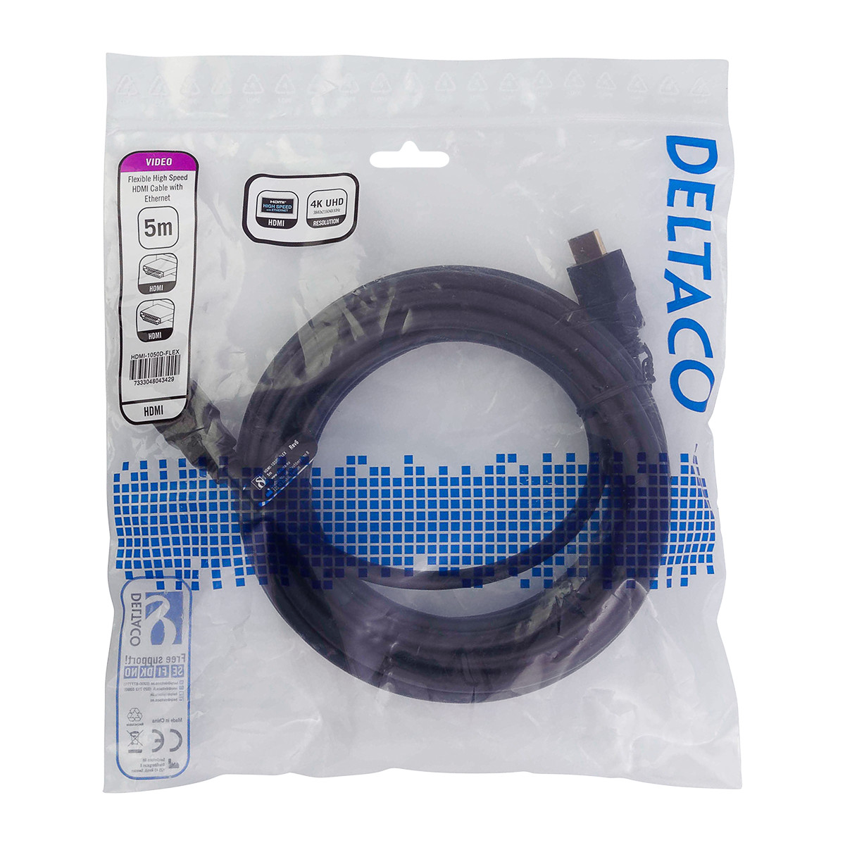 DELTACO flexibel HDMI-kabel, 4K UltraHD i 30Hz, 5m, svart