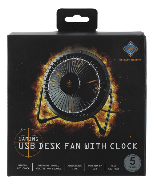 Deltaco Gaming USB bordsfläkt med klocka, svart
