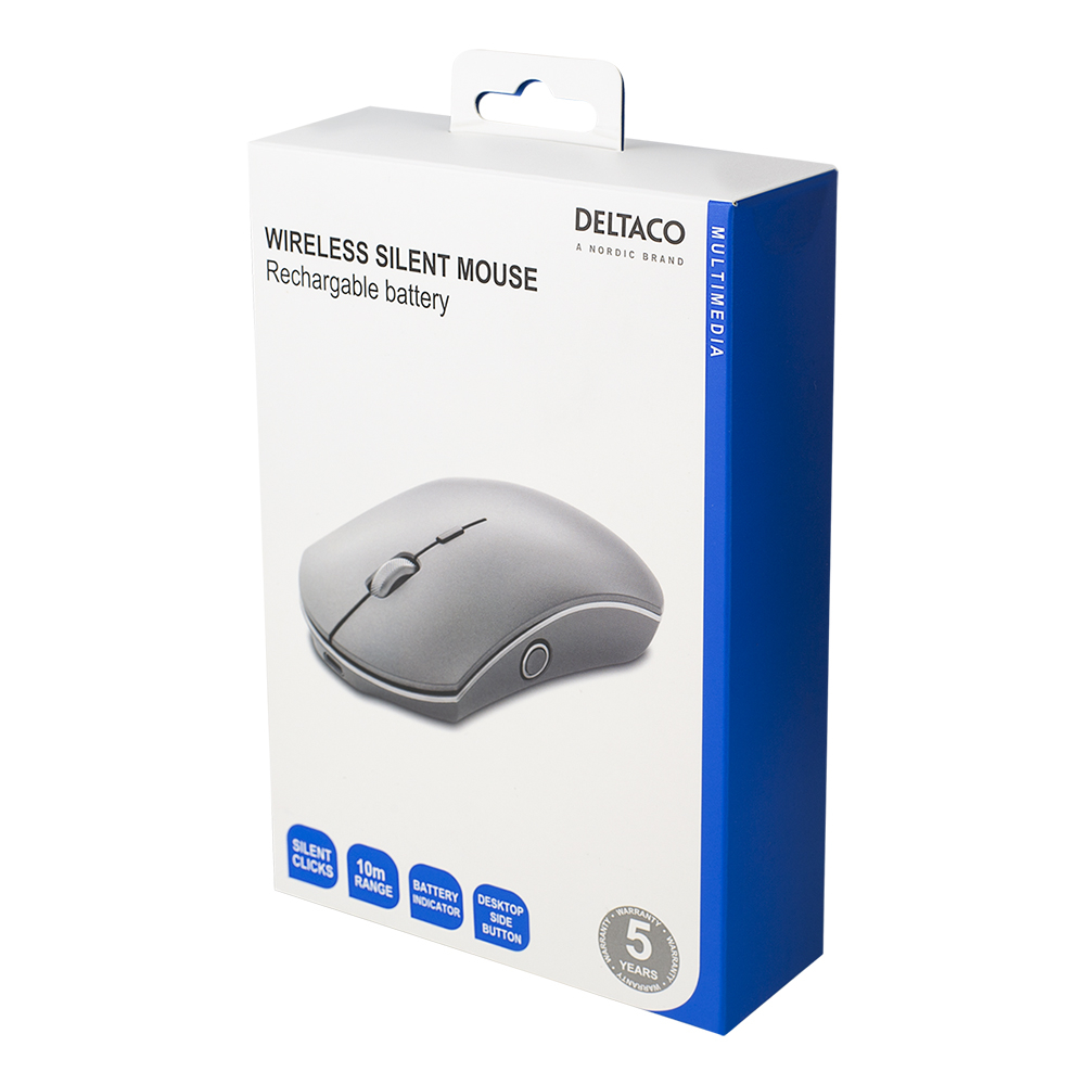 Deltaco trådlös tyst mus med inbyggt batteri, 1600DPI, grå