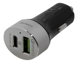 Deltaco billaddare med USB-C, Quick Charge 3.0, 6A, silver/svart
