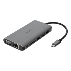 Deltaco USB-C dockningsstation, HDMI/VGA/2xUSB-A, PD3.0, grå
