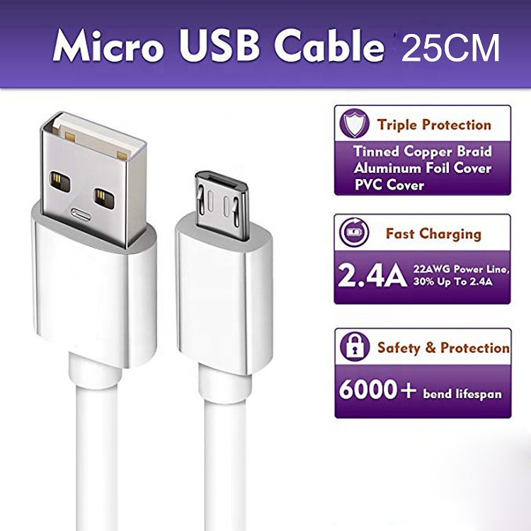 Micro-USB kabel, 0.25m, 2A, vit