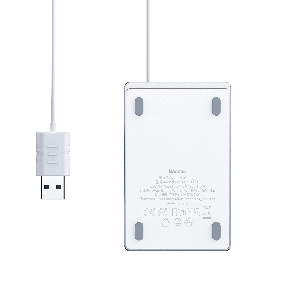 Baseus Card Ultratunn trådlös laddare+USB-kabel (1m), 15W, vit