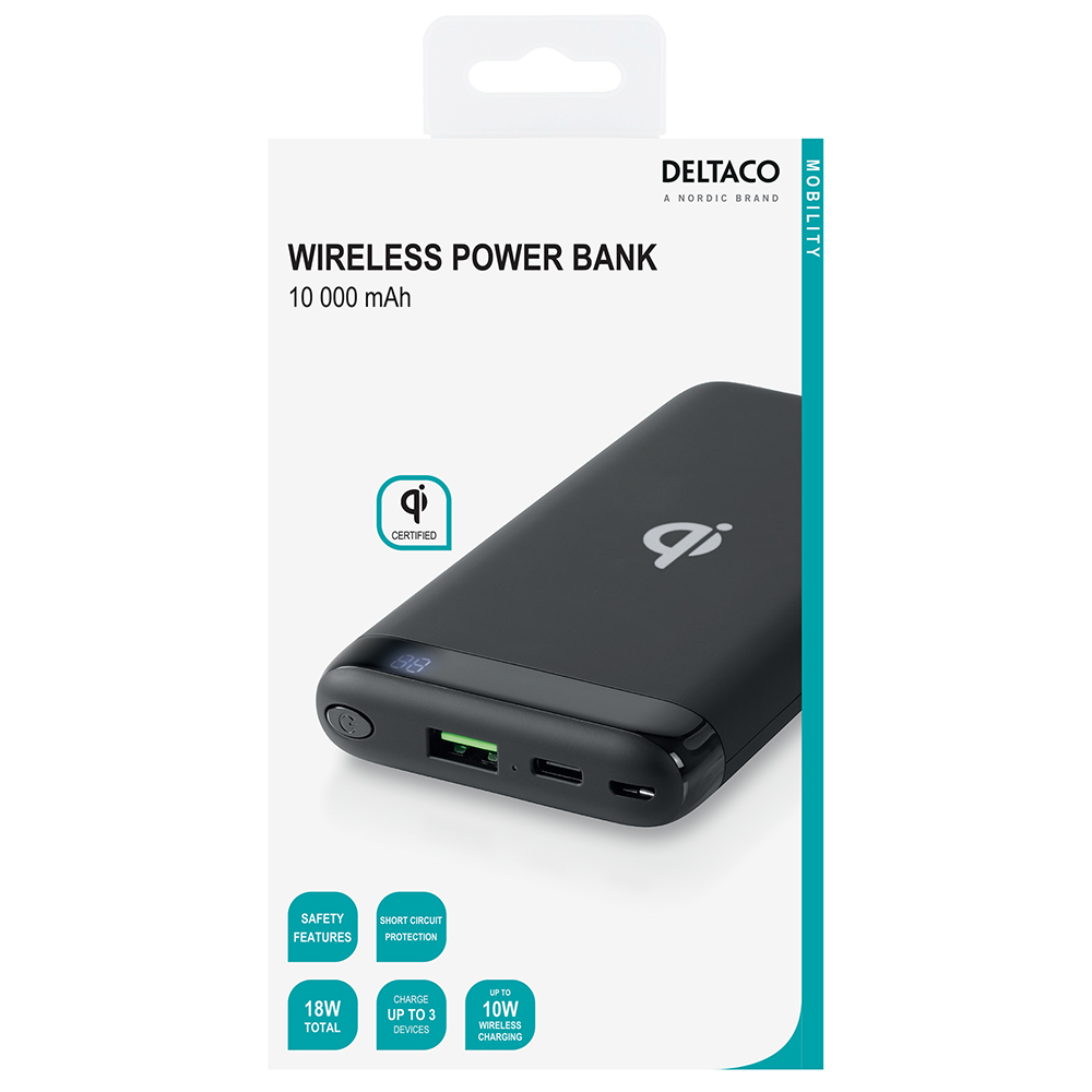 Trådlös USB+USB-C powerbank, PD 10W, 18W, 10 000mAh