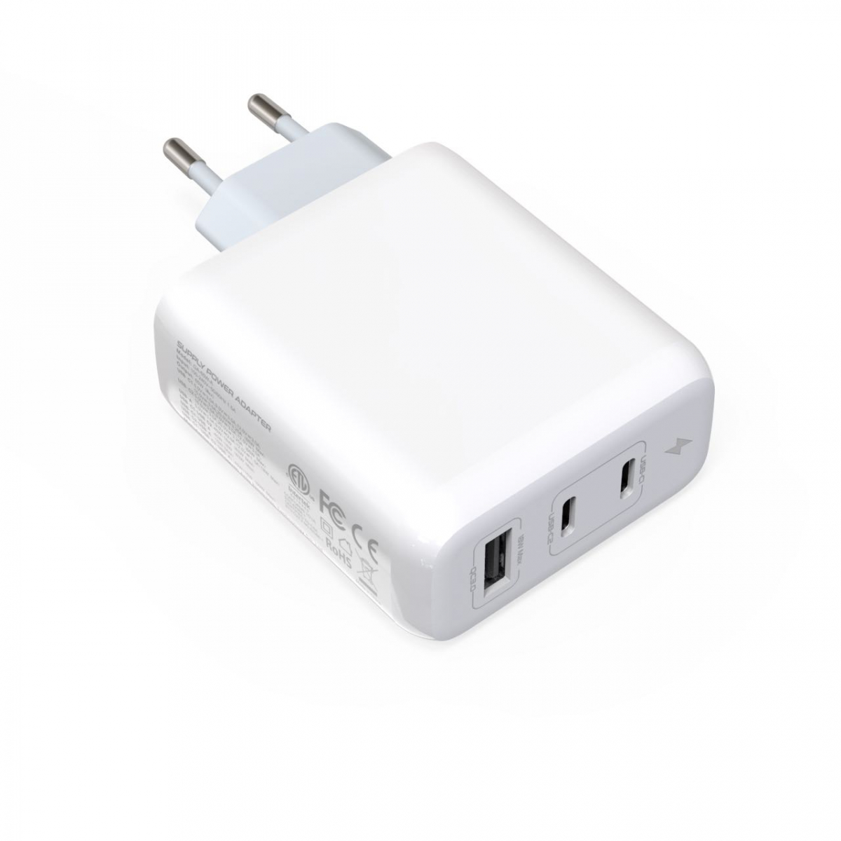 Väggladdare med GaN-teknik, 2xUSC-C + 1xUSB 3.0 QC, kabel, 100W