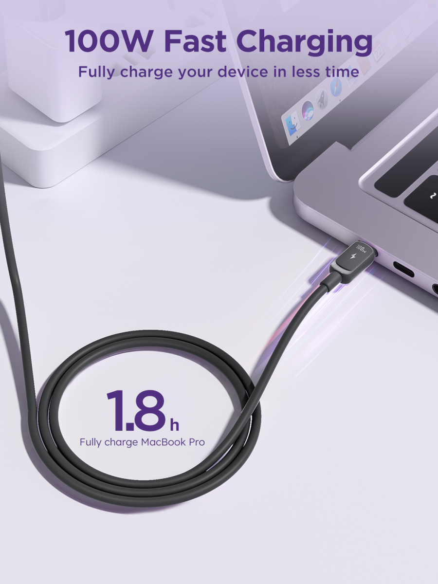 USB-C till USB-C kabel med snabbladdning, 100W, 5A, 1.2m, svart