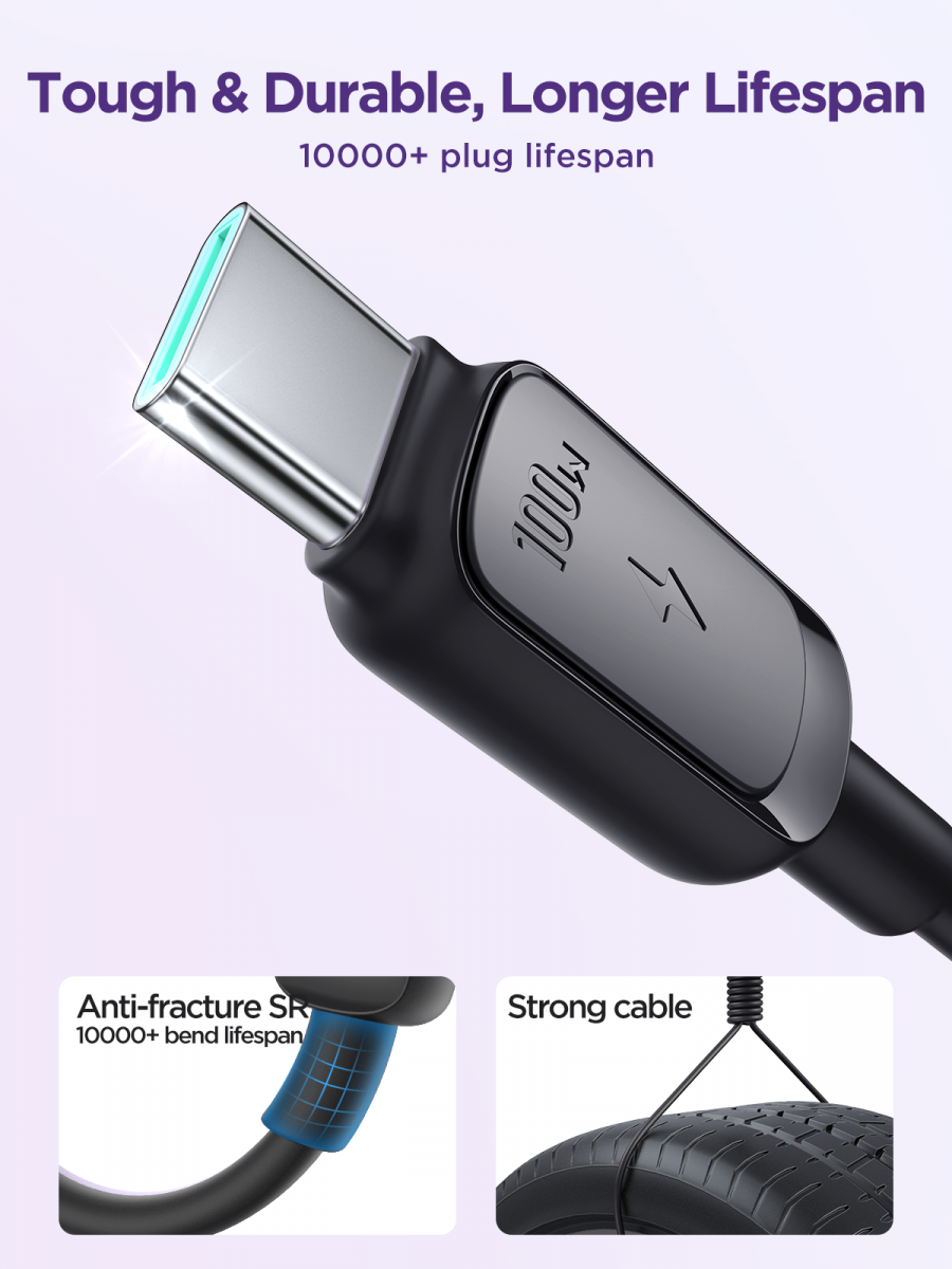 USB-C till USB-C kabel med snabbladdning, 100W, 5A, 1.2m, svart