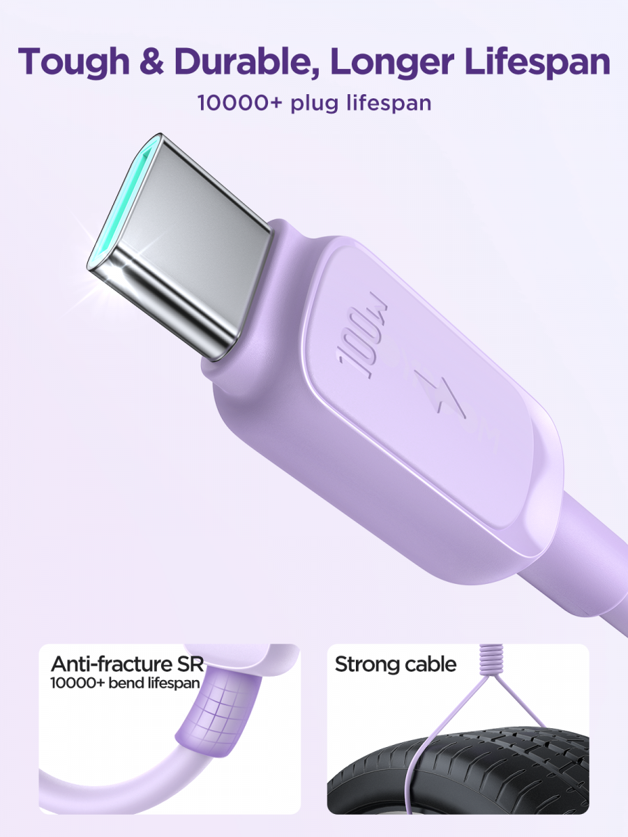 USB-C till USB-C kabel med snabbladdning, 100W, 5A, 1.2m, lila
