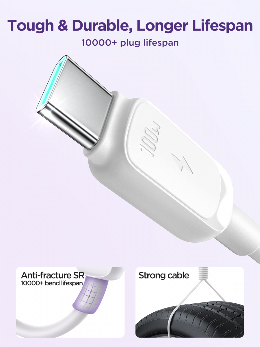 USB-C till USB-C kabel med snabbladdning, 100W, 5A, 1.2m, vit