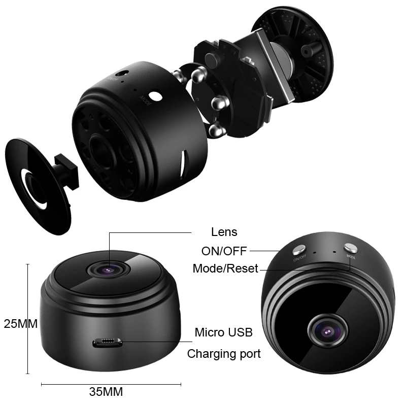 1080p trådlös minikamera med mörkerseende, svart