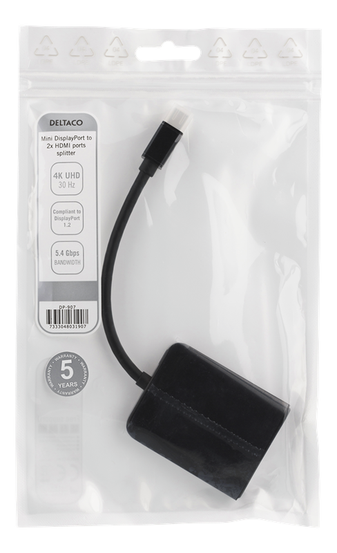 DELTACO miniDisplayPort 2xHDMI splitter, 3840x2160 i 30Hz, svart