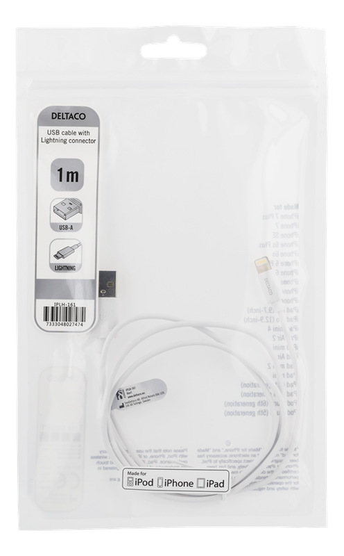 DELTACO USB-synk-/laddarkabel till iPad, iPhone och iPod, MFi