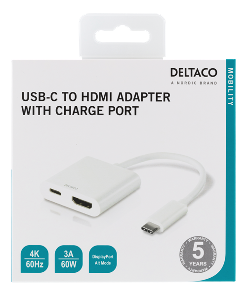 DELTACO USB-C - HDMI 2.0 adapter, ultraHD 60Hz, USB-C hona 60W