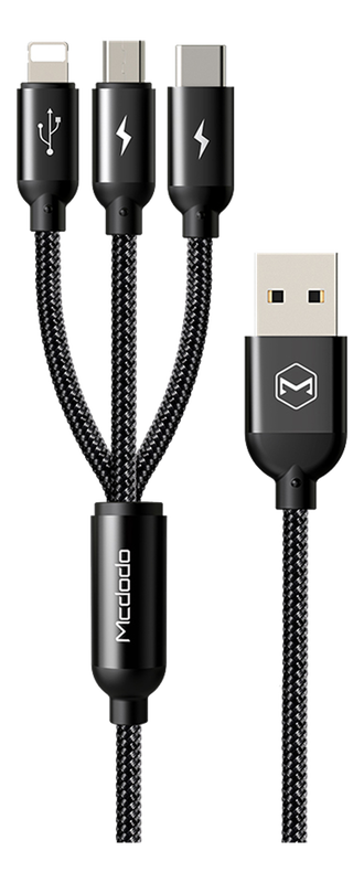 Mcdodo USB Multiladdare, 1.2m, Micro-USB, USB-C, Lightning svart