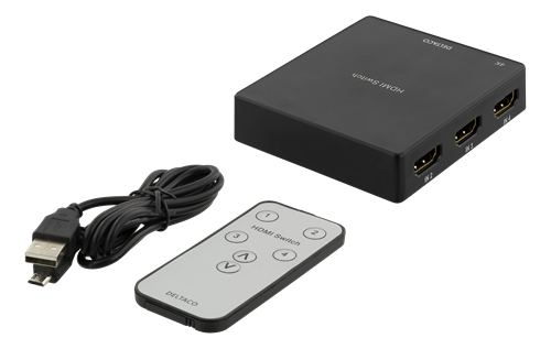 DELTACO HDMI Switch med fjärrkontroll, 4 källor, 4K-stöd