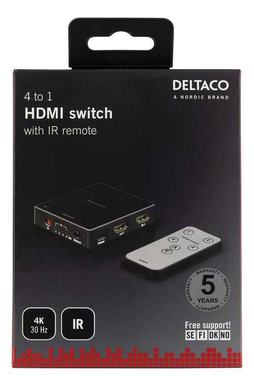 DELTACO HDMI Switch med fjärrkontroll, 4 källor, 4K-stöd