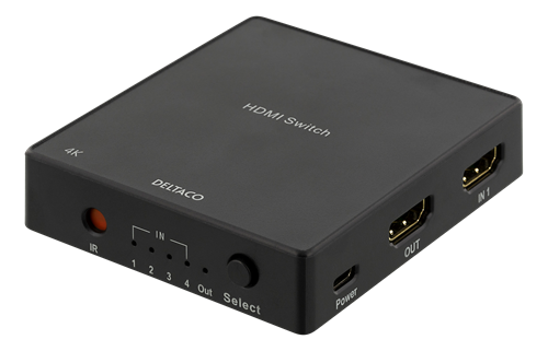 DELTACO HDMI Switch med fjärrkontroll, 4 källor, 4K-stöd