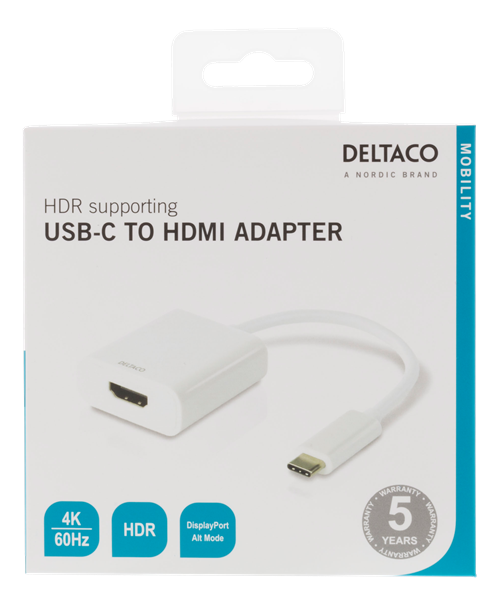 DELTACO USB-C till HDMI 2.0 adapter, UltraHD 60Hz, HDCP 2.2, vit