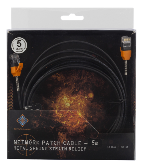 Deltaco GAMING Cat6A patchkabel, 5m, tunn kabel, svart