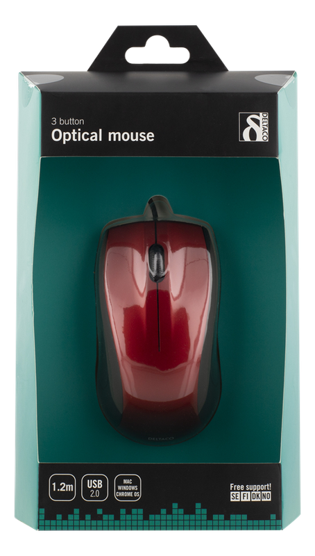 Deltaco trådad optisk mus, 3 knappar med scroll, 1200 DPI