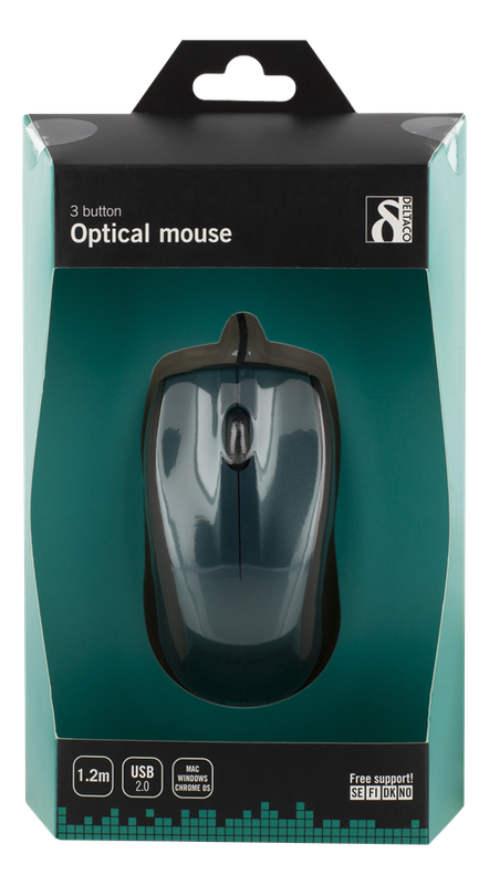 Deltaco trådad optisk mus, 3 knappar med scroll, 1200 DPI