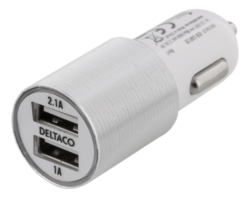 DELTACO USB Billaddare, 2x USB-A, 2,1A, aluminium