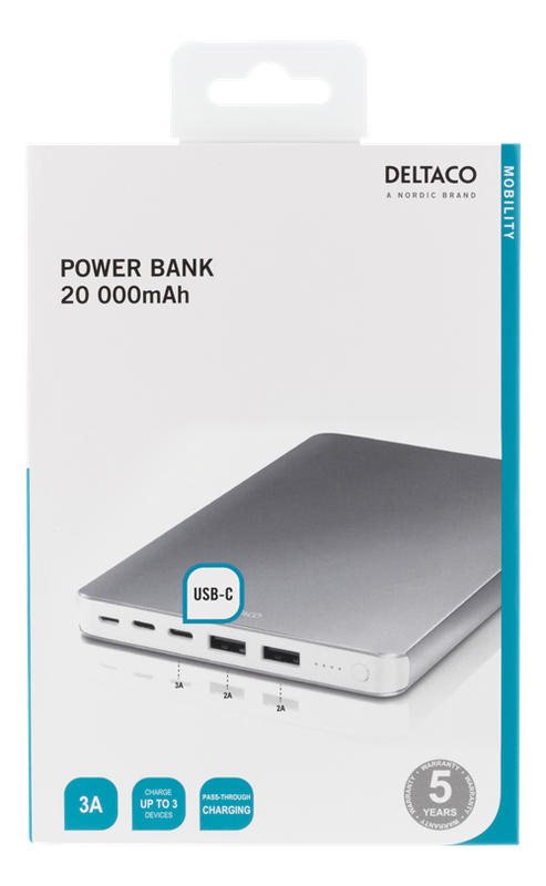 Deltaco Powerbank 20.000mAh, 74Wh, Li-Po, USB-C, Lightning