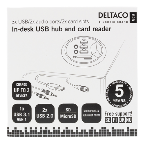Deltaco USB-skrivbordshubb,3xUSB-A 2x3.5mm 2xminneskortsläsare