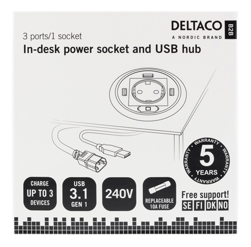 Deltaco eluttag för skrivbordsmontering med 3xUSB-A-portar