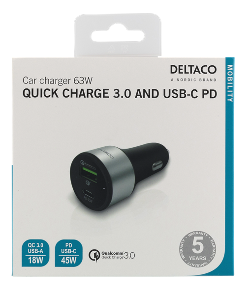 Deltaco Billaddare, USB-C, 63W, USB-C PD, QC 3.0, 12-18V DC