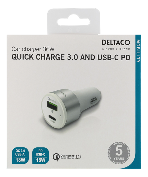 Deltaco Billaddare, USB-C, PD, QC3.0, 12-18V, 36W