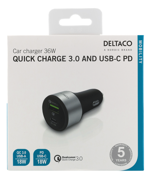 Deltaco Billaddare, USB-C, 36W, USB-C PD, QC 3.0, 12-18V DC