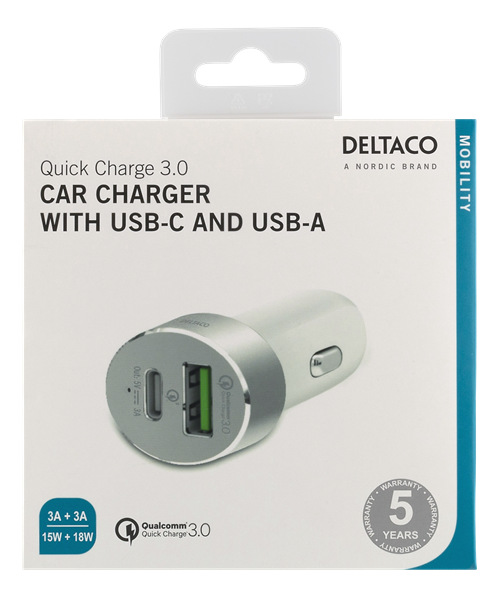 Deltaco Billaddare, USB-C, 33W, USB-C, QC 3.0, 12-18V DC