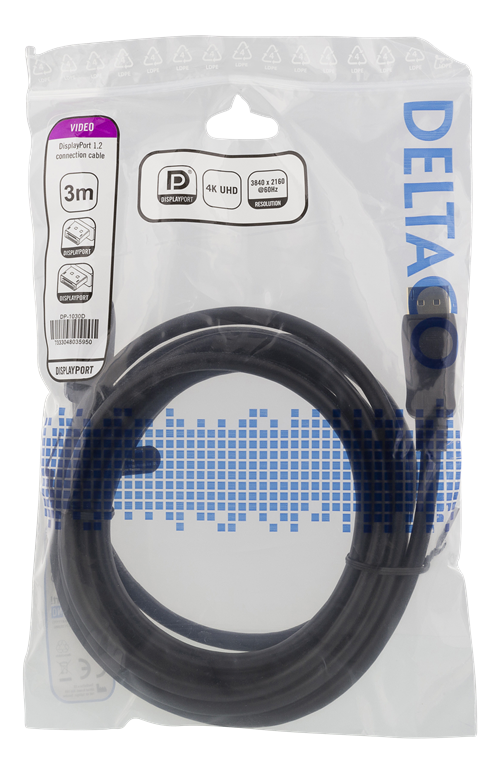 Deltaco DisplayPort-kabel, 4K UHD, DP 1.2, 3m