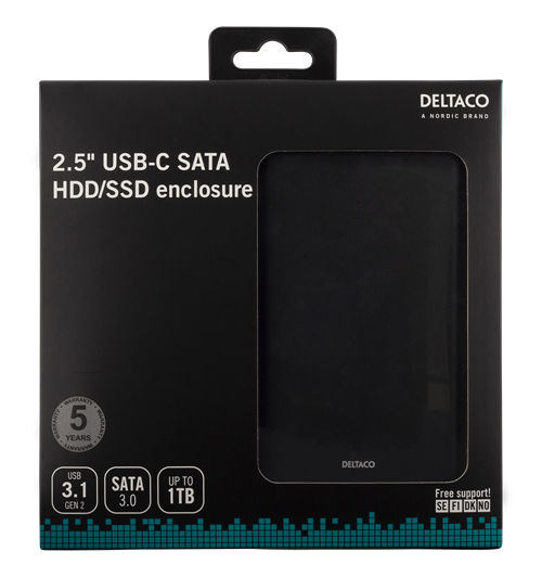Deltaco Externt HDD/SDD-kabinett, USB-C, USB 3.0, 2.5" SATA