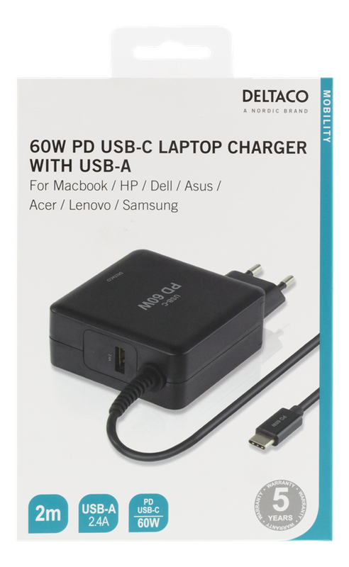 Deltaco 60W USB-C Laptopladdare, 2x USB-A, PD, 3A, svart