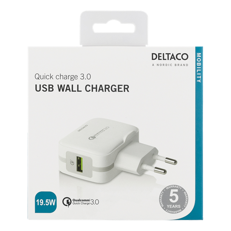 Deltaco Väggladdare 100-240V - 5V USB, Quick Charge 3.0, 19,5W
