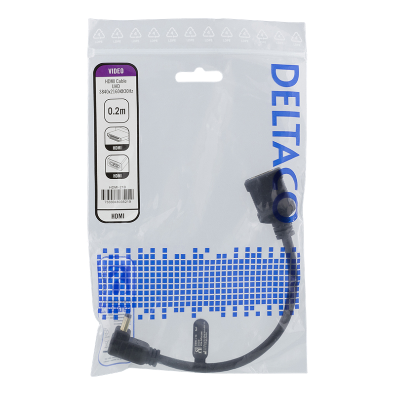 Deltaco Flexibel HDMI-adapter, 0,2 m, vinklad upp, HDMI M/F, UHD