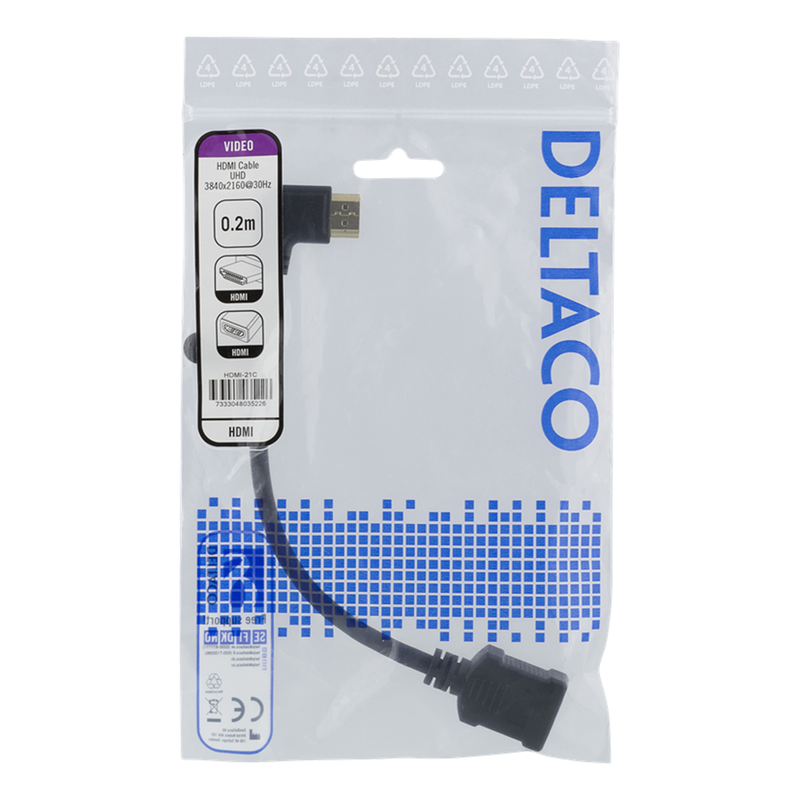 Deltaco HDMI-adapter, vinklad vänster, HDMI M/F, UHD, 0.2m