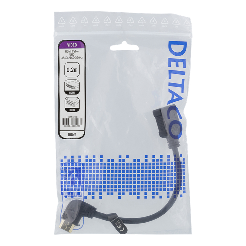 Deltaco HDMI-adapter, vinklad höger, HDMI M/F, UHD, 0.2m