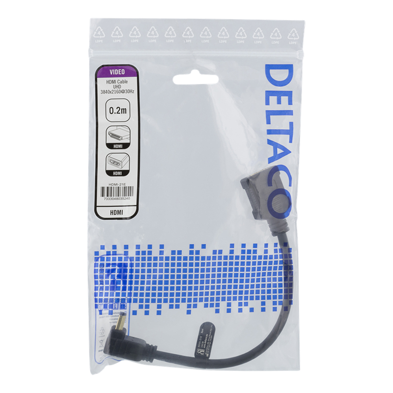 Deltaco flexibel HDMI-adapter, vinklad ner, HDMI M/F, UHD, 0.2m