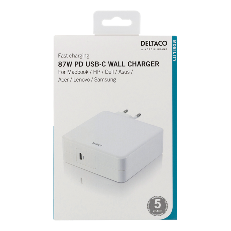 Deltaco USB-C Nätadapter, snabbladdning, PD, 87W, vit