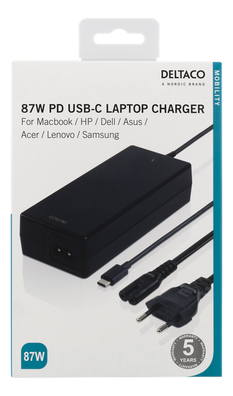 Deltaco 87W USB-C Laptopladdare, PD, 2m, svart