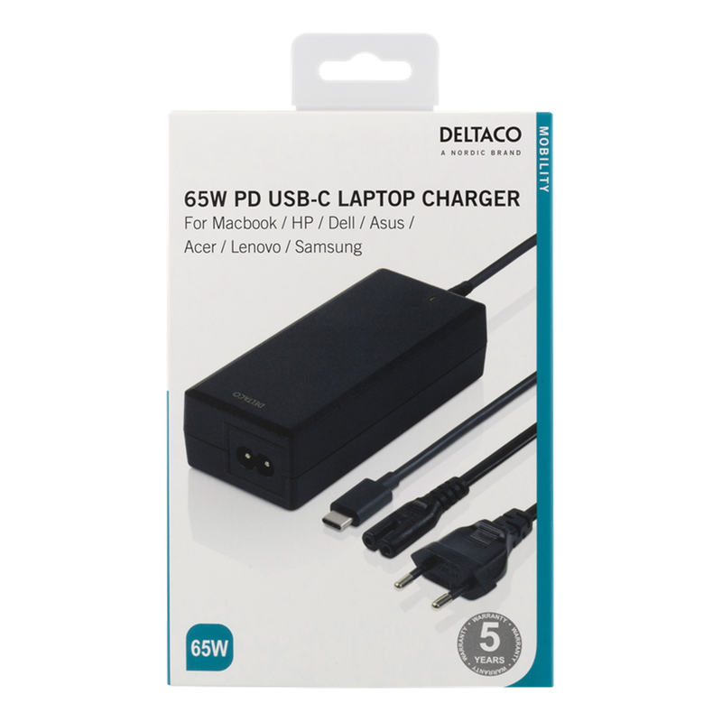 Deltaco 65W USB-C Laptopladdare, PD, 2m, svart